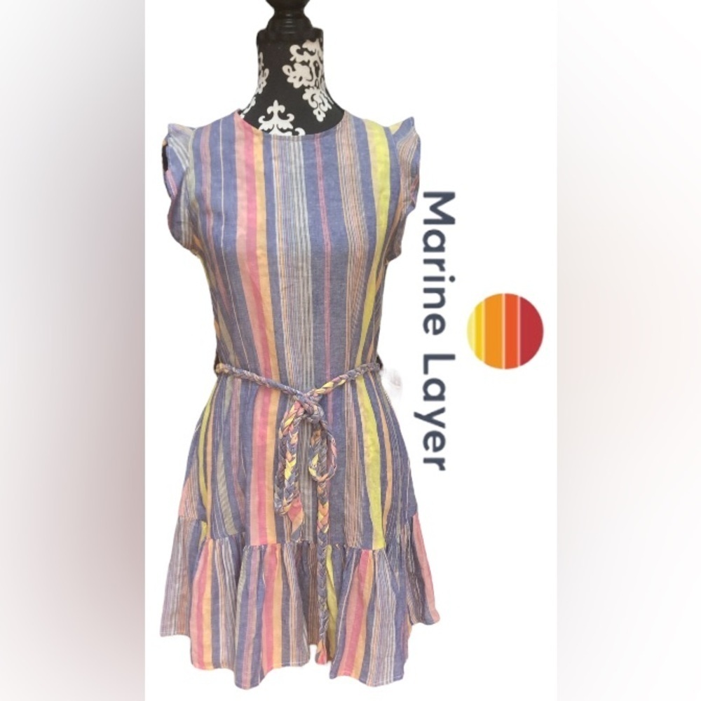 Marine Layer Laney Dress X Size Small Linen Blend Ruffle‎ Sleeves Striped Beach
